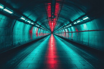 Fototapeta premium A Red-Lit Tunnel with Tile Floor and Overhead Fluorescent Lights
