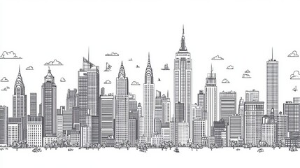 A seamless pattern featuring an outline of the New York City skyline, showcasing modern buildings and iconic landmarks. The vector illustration displays the cityscape in a clean, continuous design
