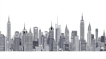 A seamless pattern featuring an outline of the New York City skyline, showcasing modern buildings and iconic landmarks. The vector illustration displays the cityscape in a clean, continuous design