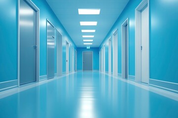Fototapeta premium Empty Hospital Corridor with Doors and Blue Walls