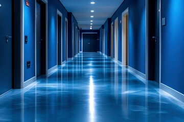 Fototapeta premium A Blue Hallway with a Shiny Floor and Doors on Either Side
