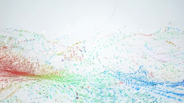 A dynamic video showcasing a scatter plot of multicolored data points on a white background, with camera zooming out to reveal intricate patterns. Data clusters and disperses, illustrating variability