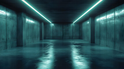 Obraz premium Concrete Corridor with Neon Lights 3D Render