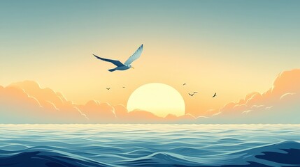 Fototapeta premium Serene Bird Soaring Above Ocean in Minimalist Anime Vector Illustration with Playful Color Palette and Clean Lines