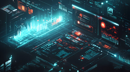 Obraz premium Holographic e-commerce overview, advanced marketplace data analysis, futuristic design, dark cyberpunk atmosphere. Cyberpunk Marketplace. Illustration