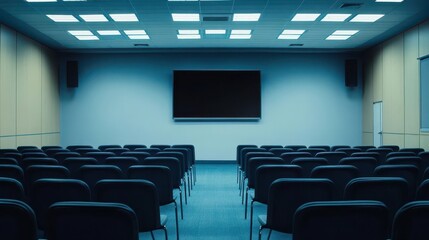 Fototapeta premium An empty professional conference room with a large screen TV, waiting for a meeting to start
