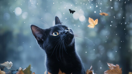 Enchanting Black Cat in a Magical Autumn mystery and wonder