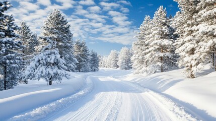 Fototapeta premium A serene winter landscape featuring a snow-covered road winding through tall, snow-laden trees under a blue sky.