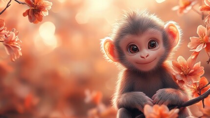 Fototapeta premium Cute Monkey Surrounded by Pink Blossoms