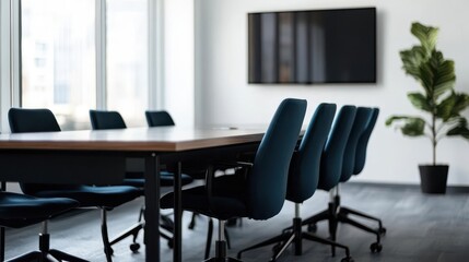 A corporate conference room with a TV ready for a virtual meeting, the space is empty and waiting for participants