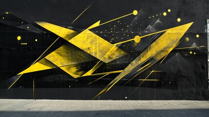 Bold geometric street art featuring striking yellow and black shapes on a city wall