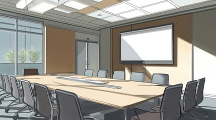 A minimalist conference room with modern technology, including a large TV, prepared for a presentation but currently empty