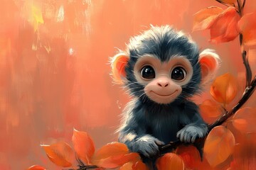Cute Monkey with Big Eyes in Autumn Leaves