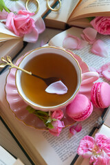 A cup of aromatic tea, a book and a rose on the table.