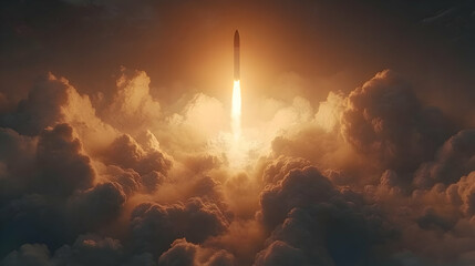 Rocket Launch Through Clouds - 3D Illustration