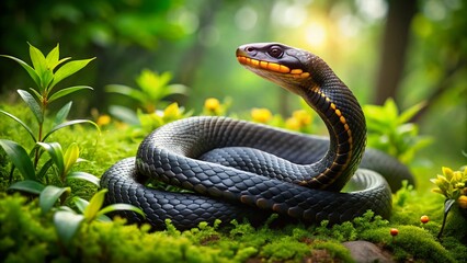 Fototapeta premium Elegant black snake with golden markings gliding through lush greenery in a vibrant natural setting