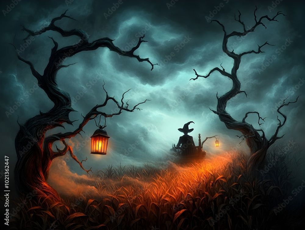Poster haunting hayride traversing an eerie cornfield with ethereal phantoms and disembodied spirits emergi