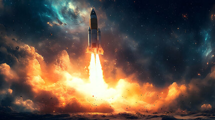 Spacecraft Launch Illustration with Fiery Trail and Nebula Background