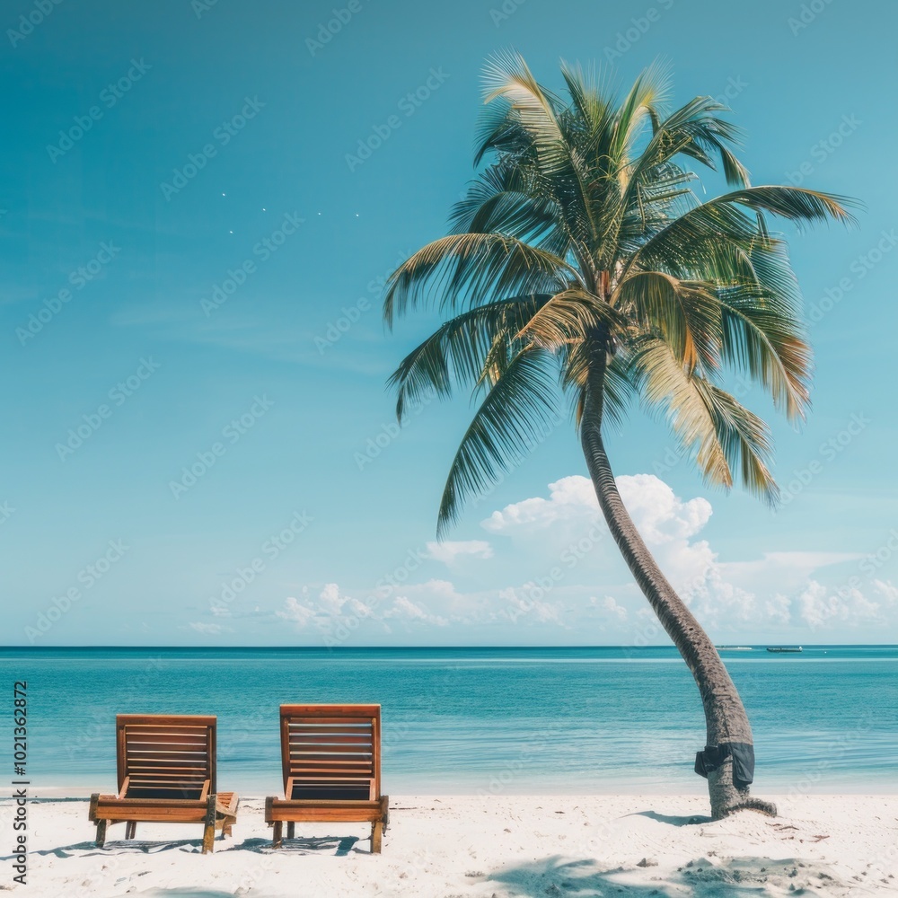 Poster two beach chairs are set up on the beach next to a palm tree