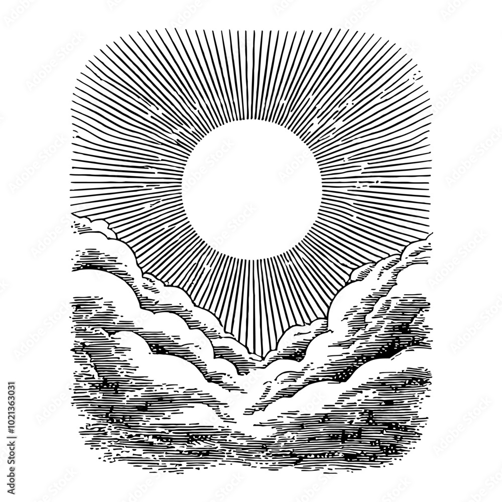Wall mural black and white outline line art drawing of sun shining through clouds with rays in retro style