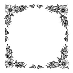 Black and White Outline Line Art Drawing of Floral Frame with Sunflowers and Leaves