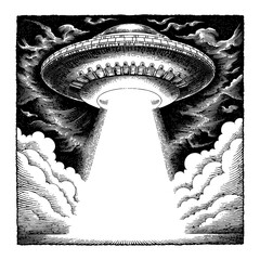 Black and White Outline Line Art Drawing of UFO Ship Shining in the Sky with Clouds © Reytr