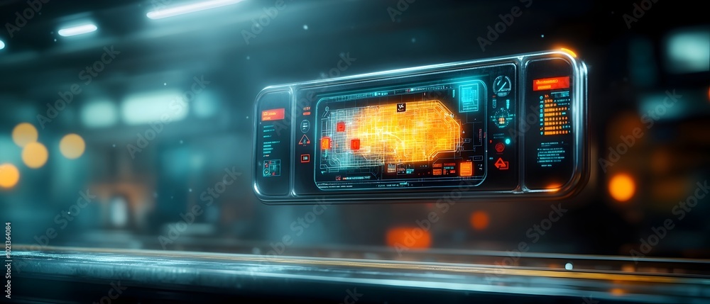 Poster holographic subway map projection hovering above a futuristic station platform displaying real time 