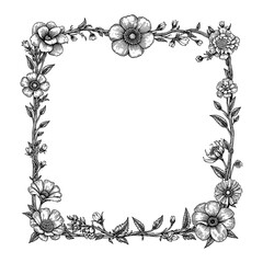 Black and White Outline Line Art Drawing of a Vintage Square Frame Made of Anemone Flowers