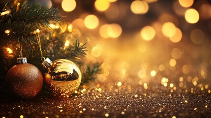 Christmas golden glowing background. Holiday abstract glitter defocused backdrop with blinking tars...