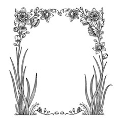 Black and White Outline Line Art Drawing of Daffodil Flowers Vintage Frame