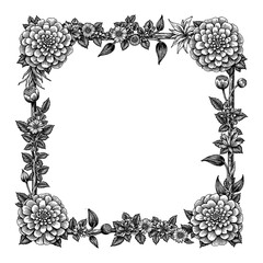 Black and White Outline Line Art Drawing of a Square Frame Made of Chrysanthemum Flowers