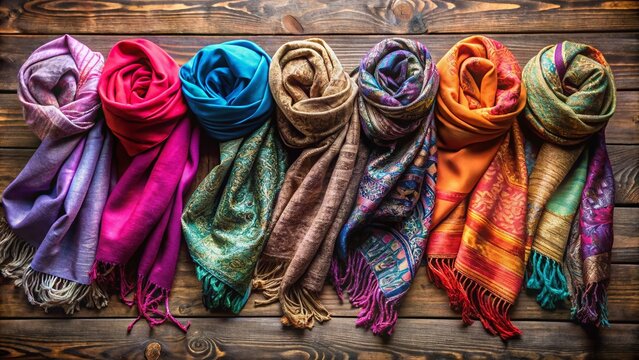 Elegant Collection of Colorful Pashmina Shawls Beautifully Displayed on a Rustic Wooden Table