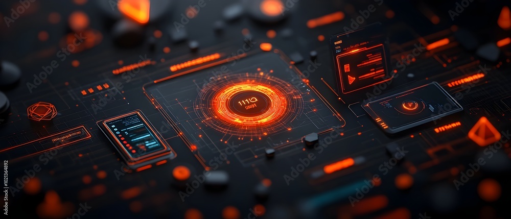 Poster engaging hud and gui for futuristic game environments with dynamic polygonal shapes abstract glowing