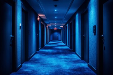 Fototapeta premium Blue-lit Hotel Corridor with Doors and Carpeted Floor