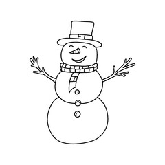 Snowman in a hat and scarf in doodle style. Vector