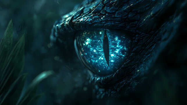 Hyperrealistic closeup of an alien predators eye with bioluminescent patterns set in a dark misty jungle environment. Alien Jungle. Illustration