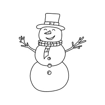 recommend clip art: Snowman in a hat and scarf in doodle style. Vector