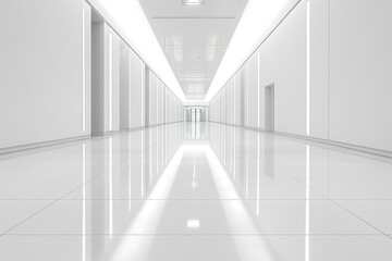 Obraz premium A Long, White, and Empty Corridor with a Door at the End