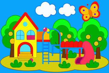 Colorful cartoon playground, school building background.