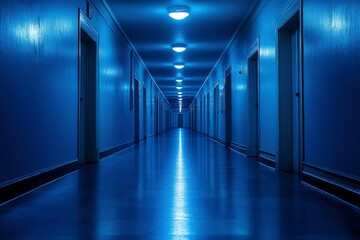 Fototapeta premium Empty Blue Hallway with Recessed Lighting and Doors