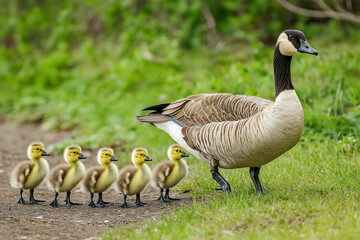 Obraz premium Goose with Goslings: A mother goose leading her fluffy goslings around a pond or grassy area, showcasing maternal care in the animal kingdom