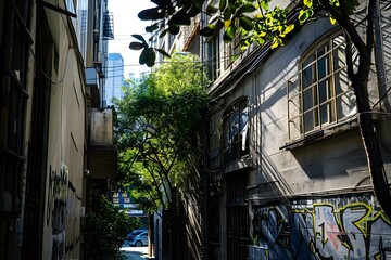 Fototapeta premium Narrow Alleyway in Urban City with Graffiti and Sunbeams