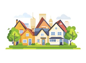 Naklejka premium Illustration of Colorful Suburban Houses with Green Trees and Blue Sky