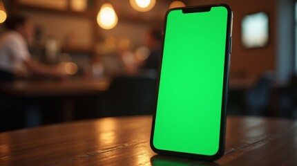 a smartphone with a bright green screen standing upright on a dark wooden table