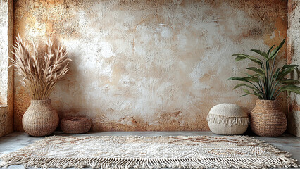 Boho-Chic Natural Wallart with Textured Background and Woven Accents for Unique Wallpaper Design