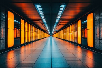 Fototapeta premium A symmetrical illuminated corridor with a tiled floor