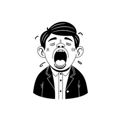 Hand drawn illustration of a tired person yawning with open mouth 