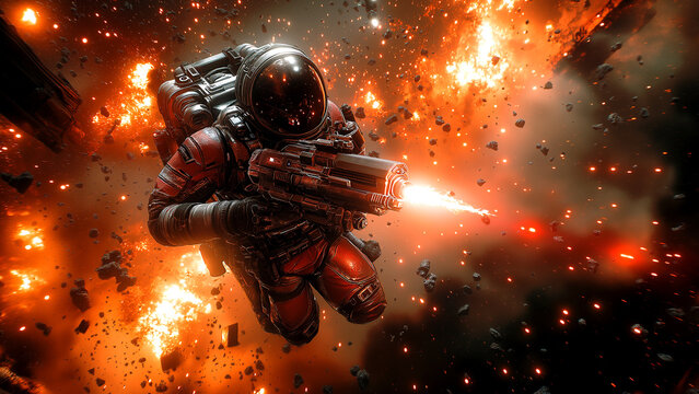 floating in the middle of a damaged space station, a space mercenary fires energy weapons at enemies, dodging bullets in zero gravity, a chaotic scene generative ai
