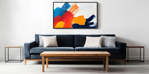 A chic living room with mid-century modern furniture, including a stylish wooden coffee table, a velvet sofa, and an abstract painting as the focal point, shown in panorama