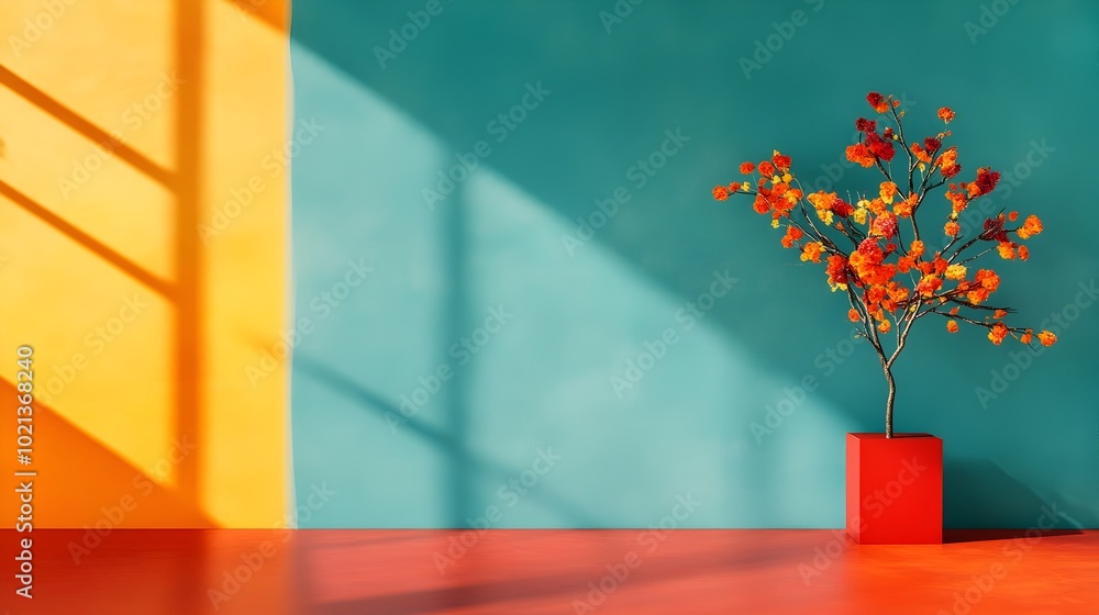 Poster minimalist 3d interior space with multi hued color palette unoccupied floor and wall product display